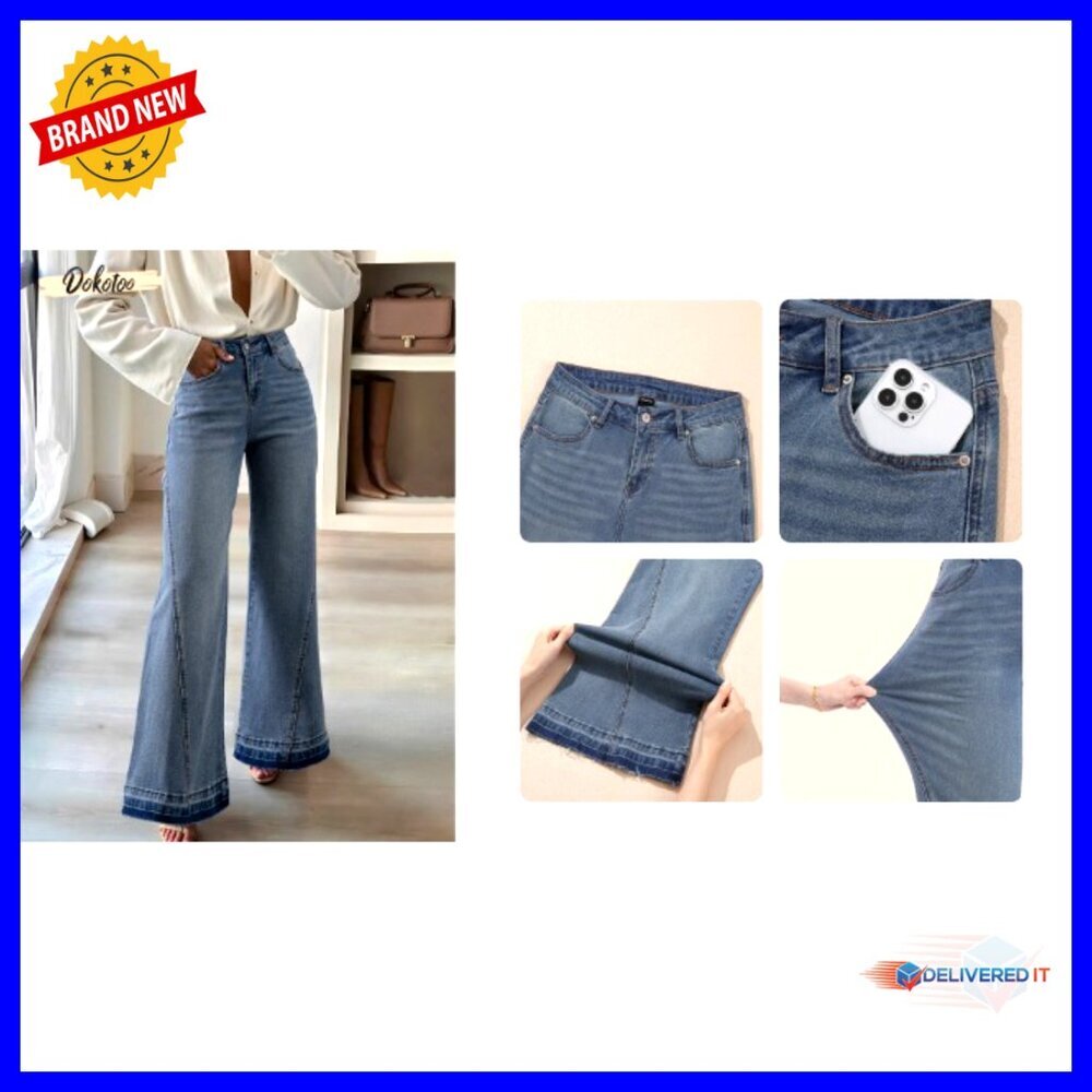 High Waisted Wide Leg Denim Pants Casual Flare Jeans Raw Hem Y2K Chic - Picture 7 of 7